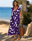 Verain | Abstracte Print V-Hals Vloeiende Midi Jurk
