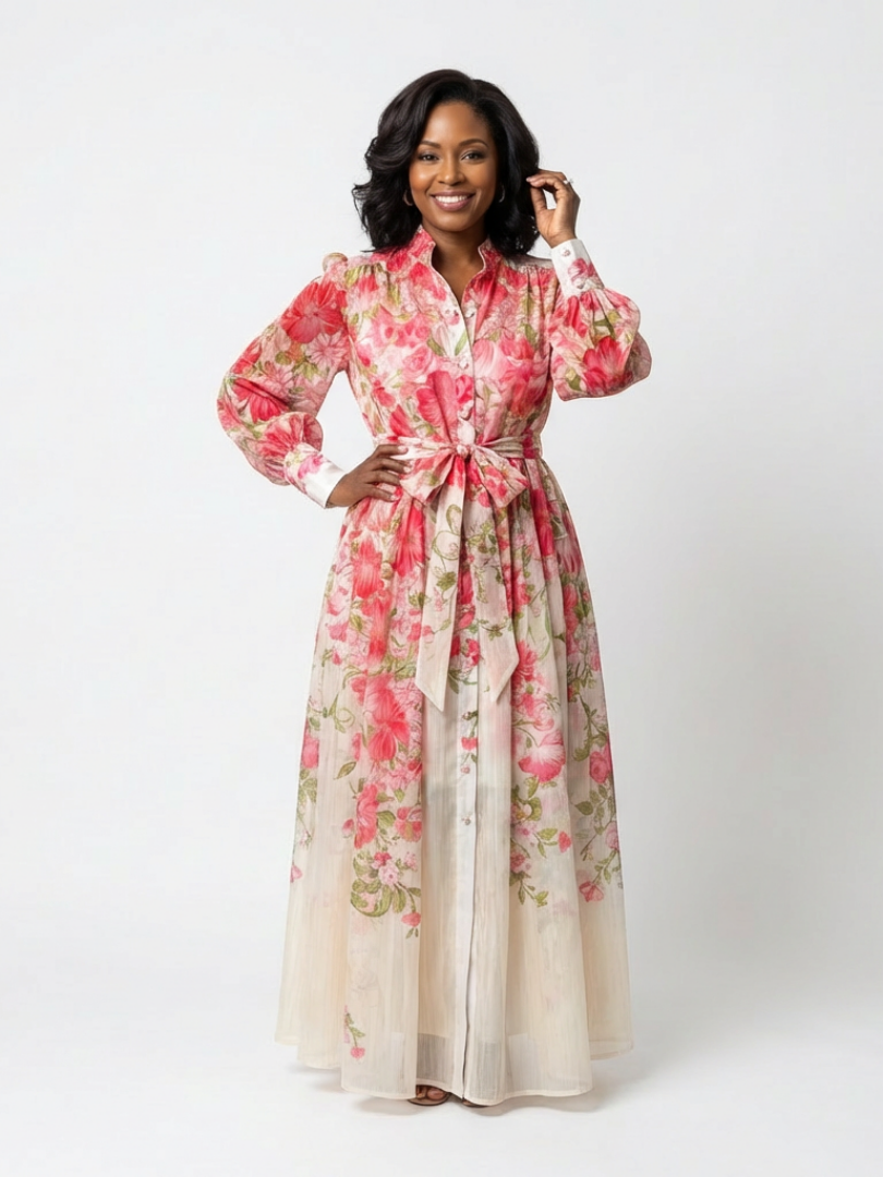 Cressida | Maxidress met bloemenprint en transparante stof met lange mouwen
