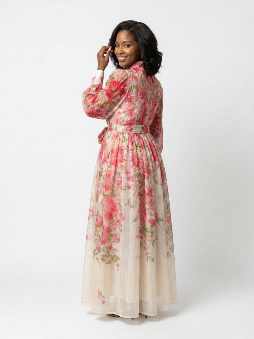 Cressida | Maxidress met bloemenprint en transparante stof met lange mouwen