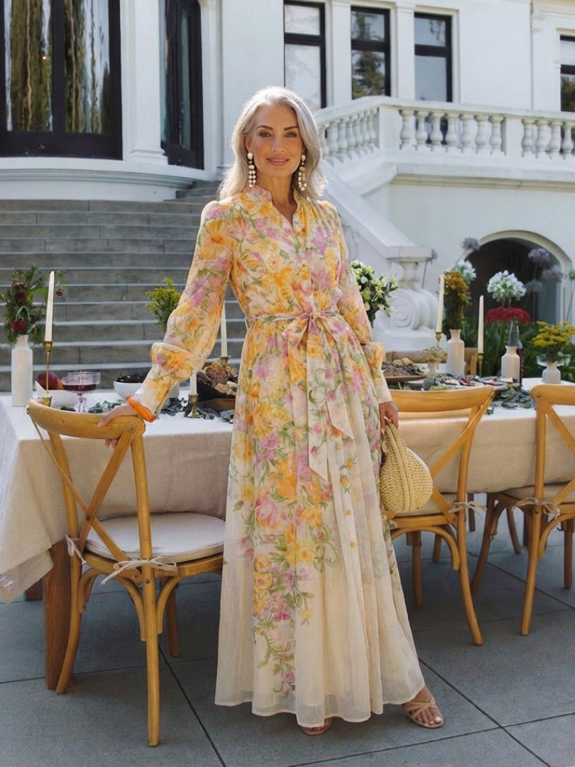 Cressida | Maxidress met bloemenprint en transparante stof met lange mouwen