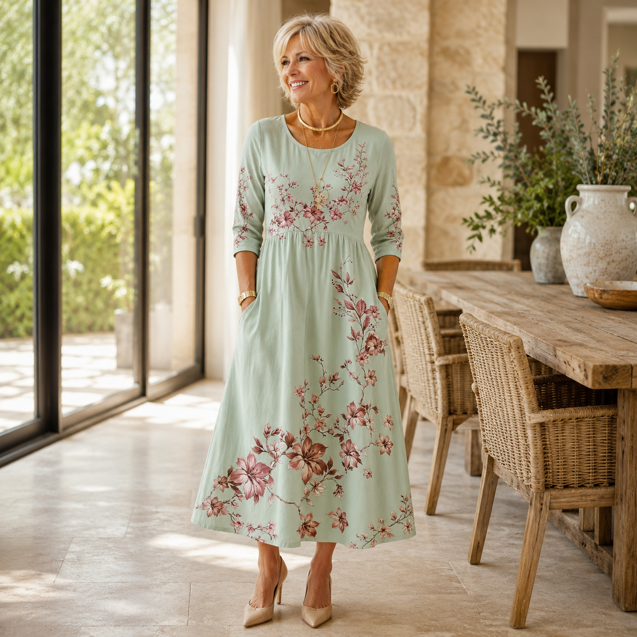Frouk | Midi Jurk met Bloemenprint en Zakken